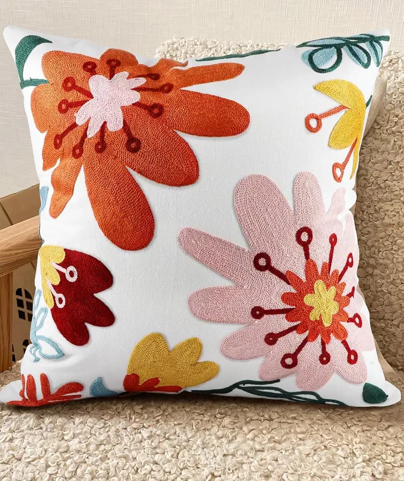Embroidered Throw Pillow Cover, 18x18 Inch, Bold Floral
