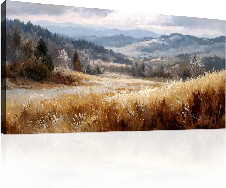 JLXART Landscape Canvas Print Autumn Mountain Wall Art Countryside Grass Field Artwork for Living Room Bedroom Office Decor 24X48inch