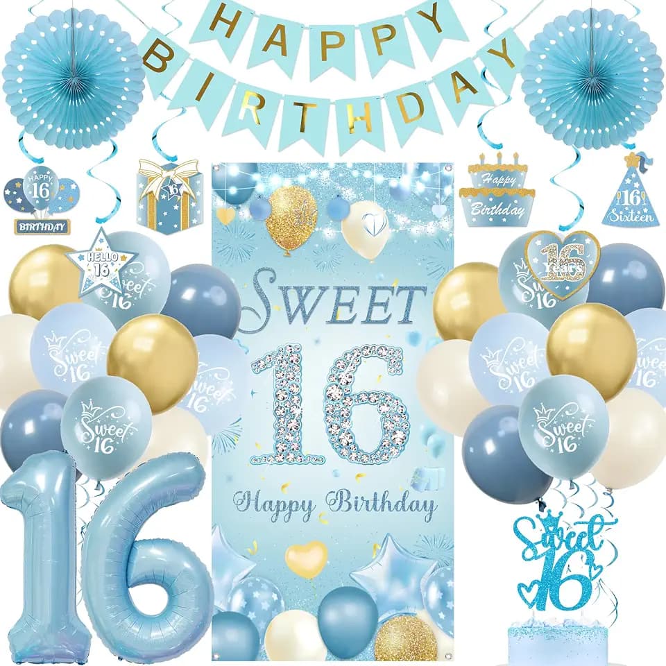 Sweet 16 Party Decorations for Boys Girls - 39pcs Light Blue Gold 16th Birthday Decor Set 16th Balloons Banner Backdrop, Hanging Swirls Cake Topper Paper Fans for Age 16 Bday