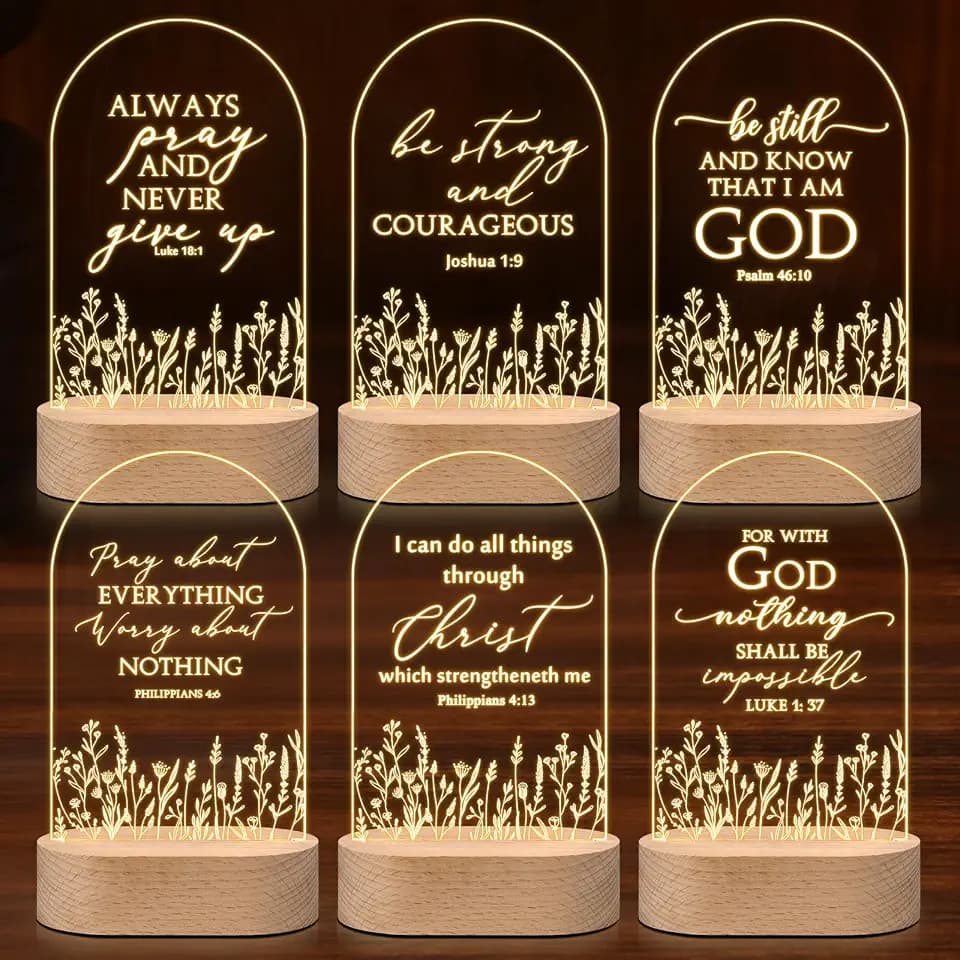 6 Pcs Christian Gifts for Women Faith Ladies Group Bulk Acrylic Bible Verse Night Light with Wooden Base Inspirational Back to School Gifts Religious Decor for Prayer Church Room Ministry
