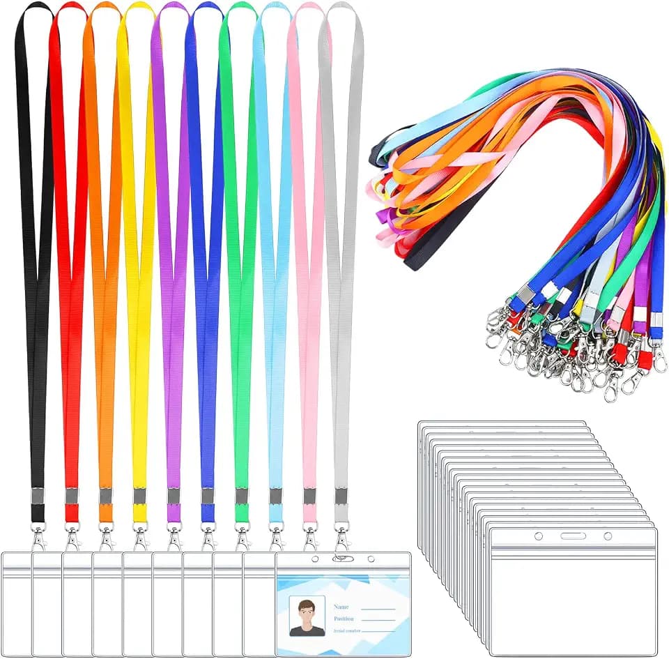 50 Pack ID Badge Lanyards with Clear Holders, Horizontal, Multicolor