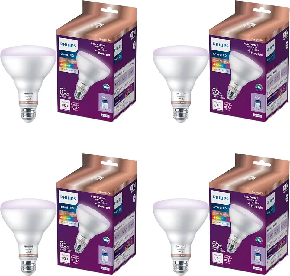 PHILIPS Smart 65W BR30 Color LED Smart Bulb 4-Pack -E26- Indoor - Connects to Your Existing Wi-Fi - Control with Voice or App + Activate with Motion - Matter Compatible