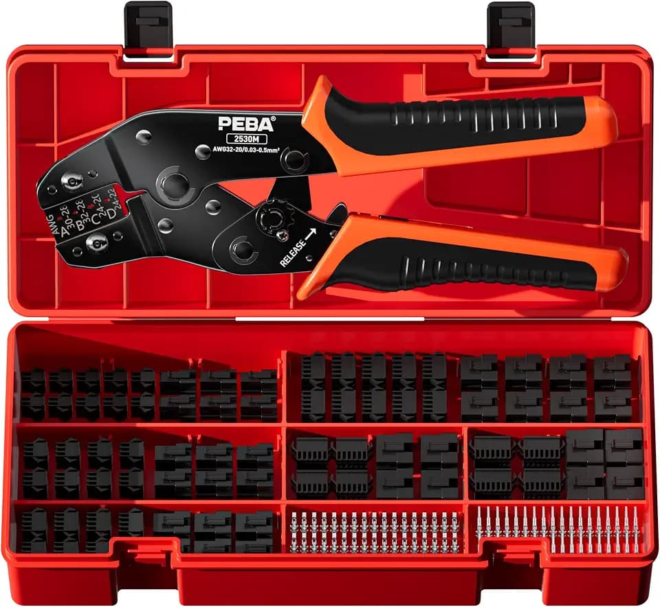 PEBA Crimping Tool and JST Connector Kit - 14 Types of 2.5 mm JST-SM Connectors & Crimp Pins, 2/3/4/5/6/7-pin JST Housings and Contacts, for DIY Electronics - Suitable for AWG 32-20 Wires