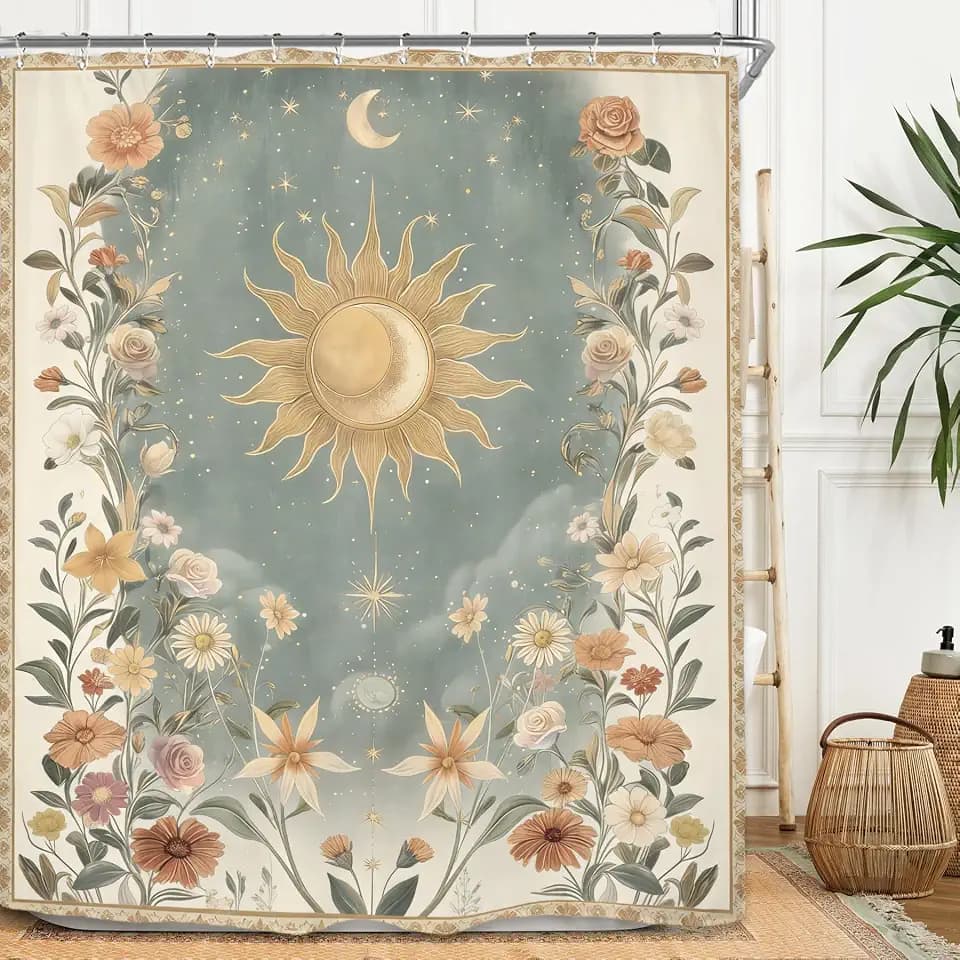 Miyotaa Wildflower Sun Moon Tarot Shower Curtain Set 60Wx71H Inches Witchy Mysterious Plant Botanical Flower Waterproof Bathroom Curtain with 12 Hooks