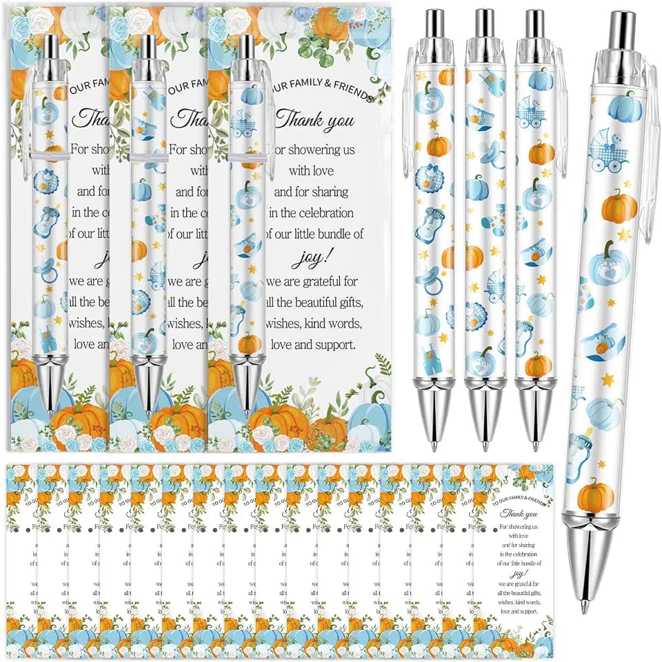 50 Sets Little Pumpkin Baby Shower Favors Baby Shower Pens Gifts Bulk Fall Ballpoint Pens with Greeting Thank You Cards for Thanksgiving Gender Reveal Party Souvenirs Return Gifts Prizes(Blue)