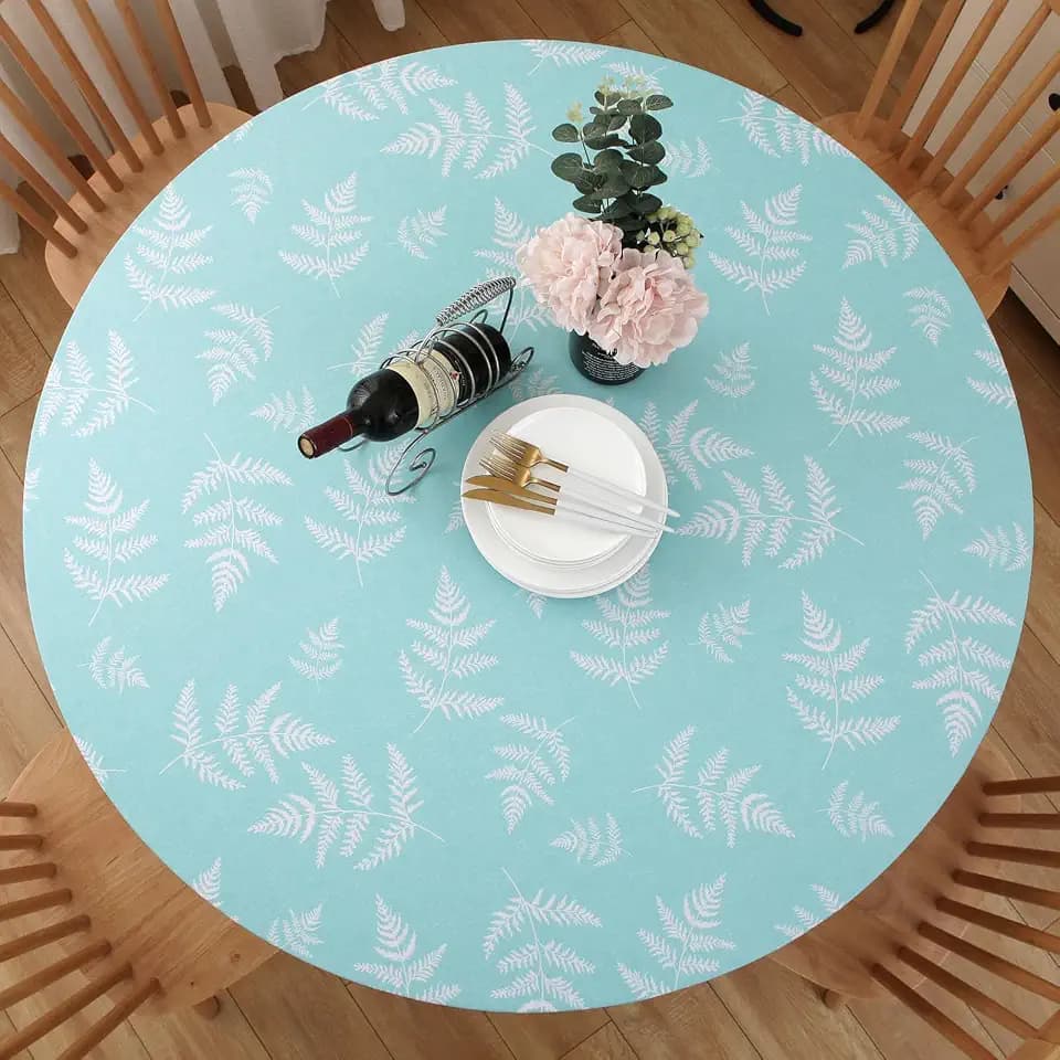 Round Vinyl Fitted Tablecloth, Waterproof Elastic Table Covers Wipeable Flannel Backed Tablecloths for Picnic Camping Indoor and Outdoor (Leaf, Turquoise, Fits 57" - 65" Diameter Tables)