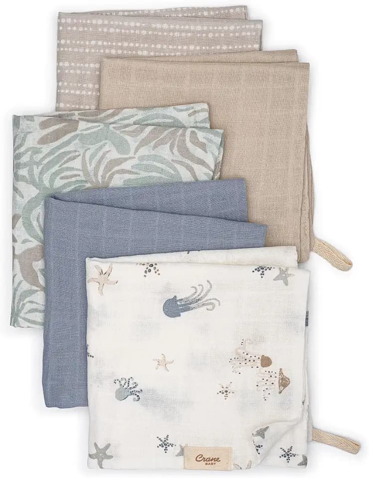 Crane Baby Wash Cloth Set, 100% Cotton, Set of 5 Baby Washcloths, Sea Life Starfish Theme, Newborn Muslin Baby Washcloths, Baby Registry Gift