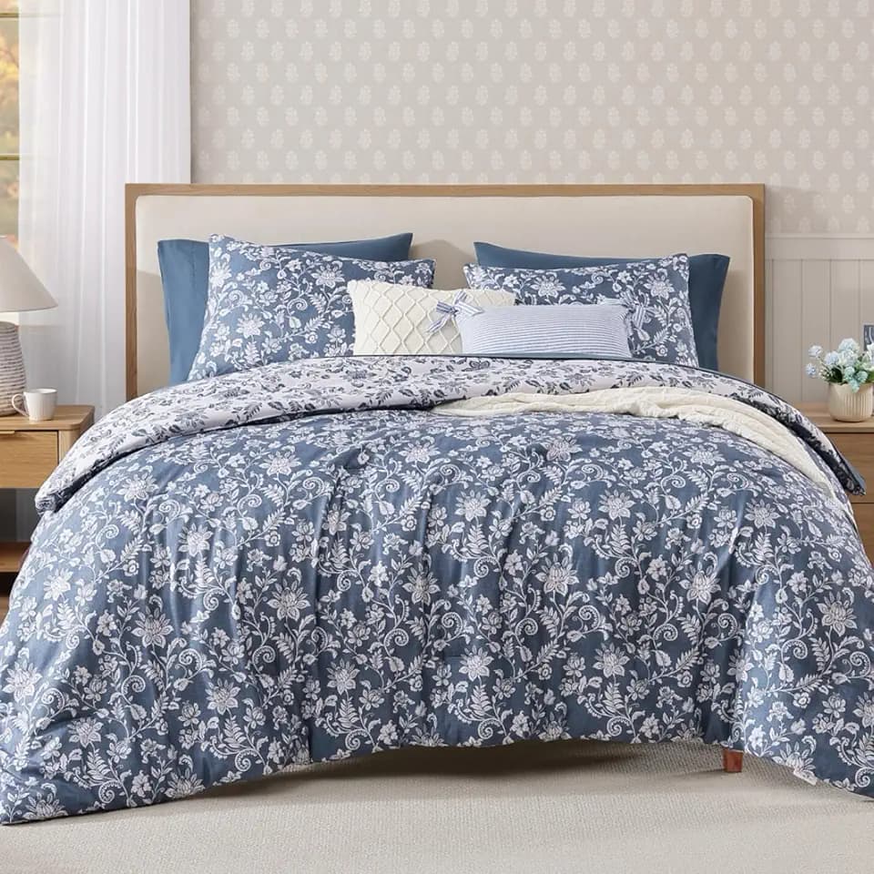 BLOOMHAVEN King Size Comforter Set-7 Pieces Blue Floral Bed in a Bag King