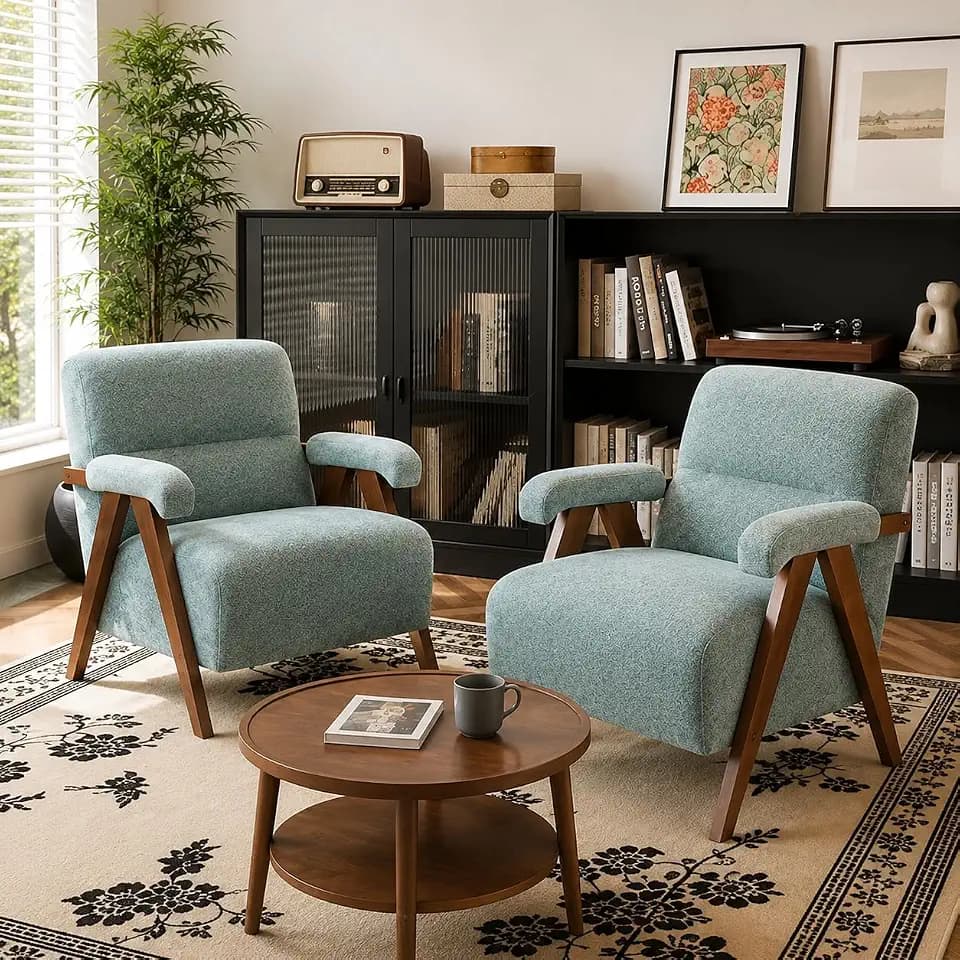 KEIKI Accent Chair Set of 2, Upholstered Living Room Chairs with Solid Wood Frame and Thick Cushions, Mid Century Modern Tufted Lounge Armchairs for Bedroom Reading Room Apartment Office, Green