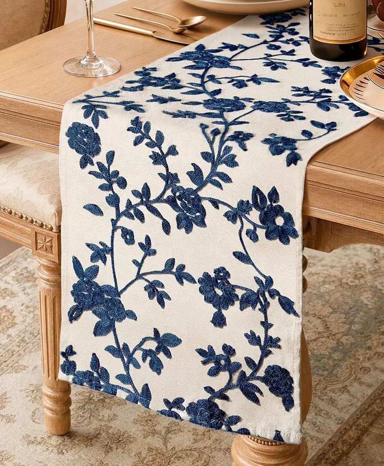 Miss Adola Embroidered Canvas Table Runner 13"x72", Blue and White
