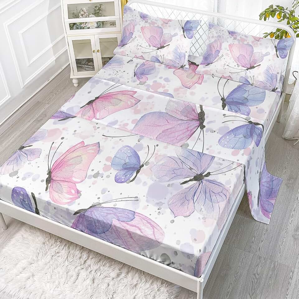 Kids Butterfly Sheet Set - 4 Pcs, Full Sheet + 2 Pillowcases