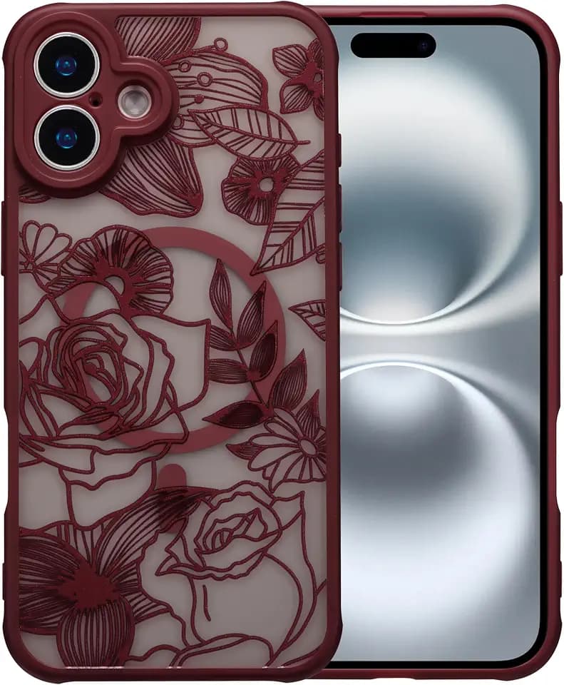 XIZYO Magnetic Case for iPhone 16 Plus Cute Floral, Wine Red