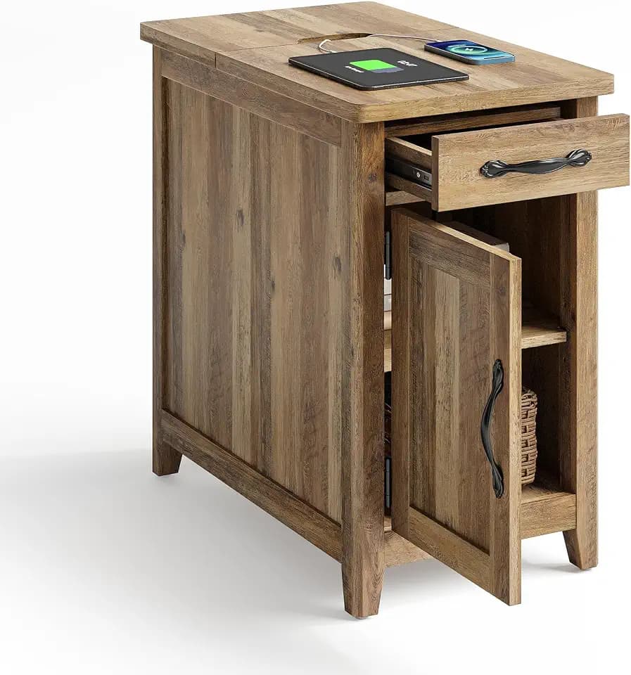 LINSY HOME Charging End Table with USB Ports, Wooden Door, Brown