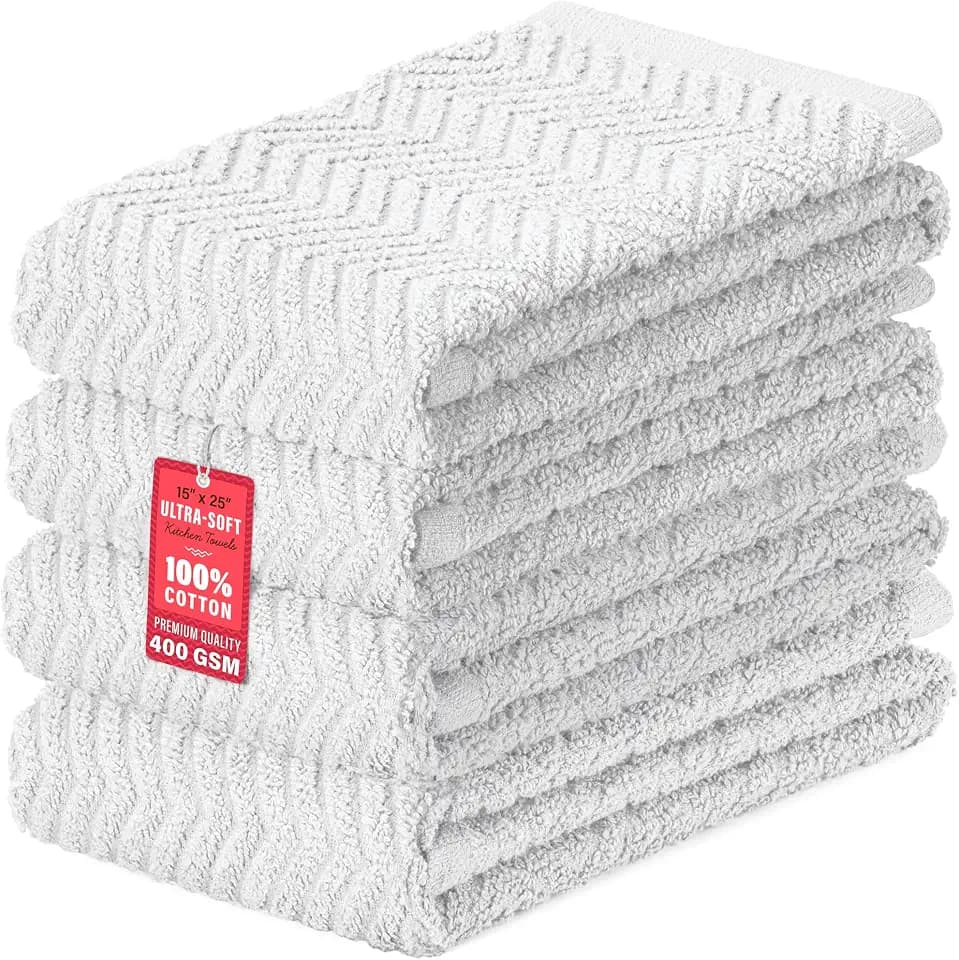 DecorRack 100% Cotton Kitchen Towels 15x25 in, White Set (Pack of 4)