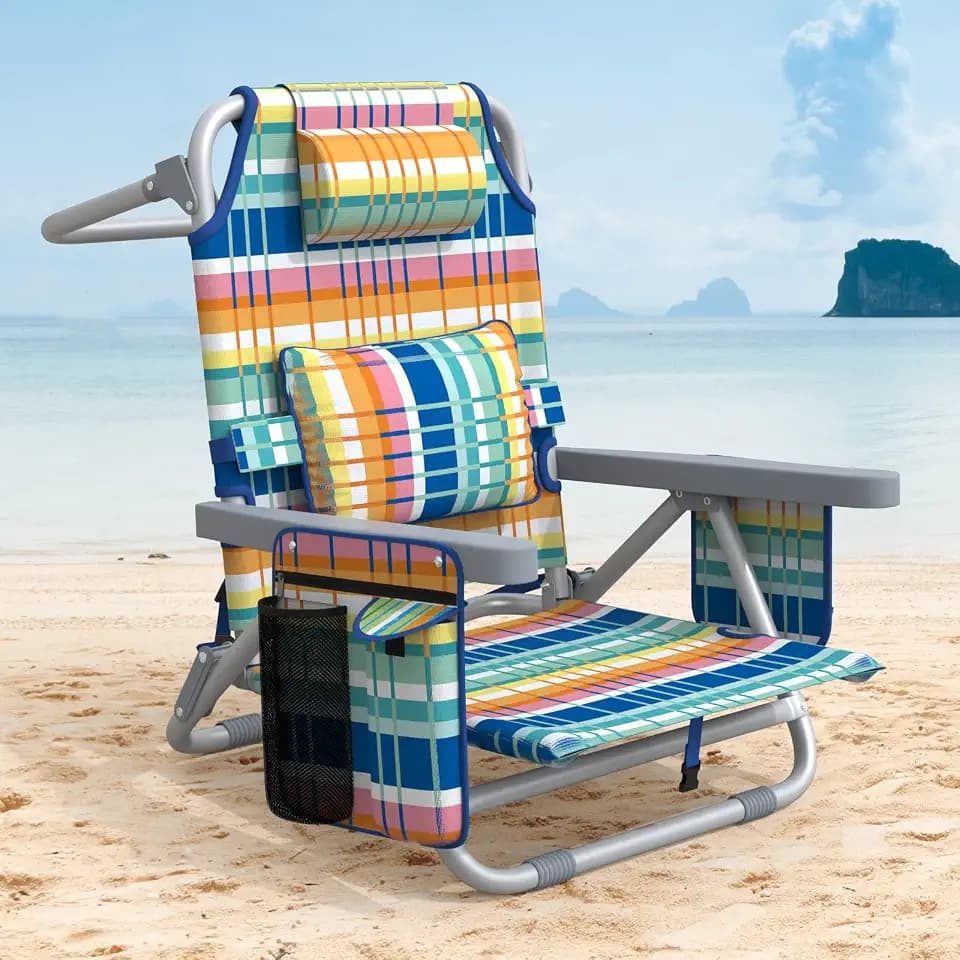 ZENPETIO Backpack Beach Chair Reclining with 5 Adjustable Positions, Built-in Cooler & Backpack Straps - Portable Folding Beach Chairs for Adults, for Camping, Pool, Travel