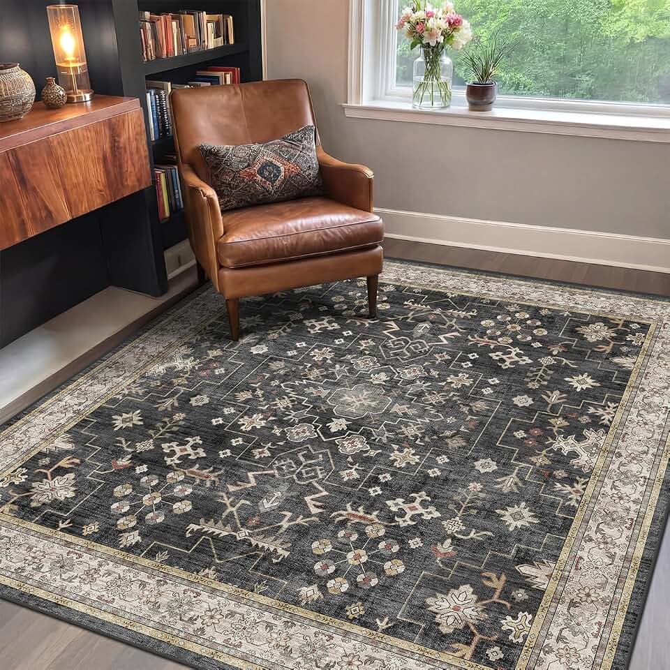 Washable Square 6x6 Area Rug for Reading Corner - Black Floral Vintage Moody Low Pile Non-Slip Carpet for Living Room, Vintage Boho Throw Carpet Décor (6x6 Black/Multi)