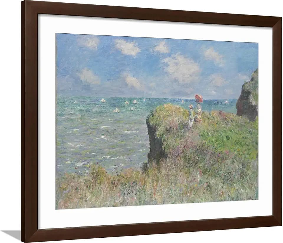 ART.COM Framed Wall Art Prints Cliff Walk at Pourville, 1882 by Claude Monet, Scenic Decor, 32" x 24", Espresso Frame with White Mat