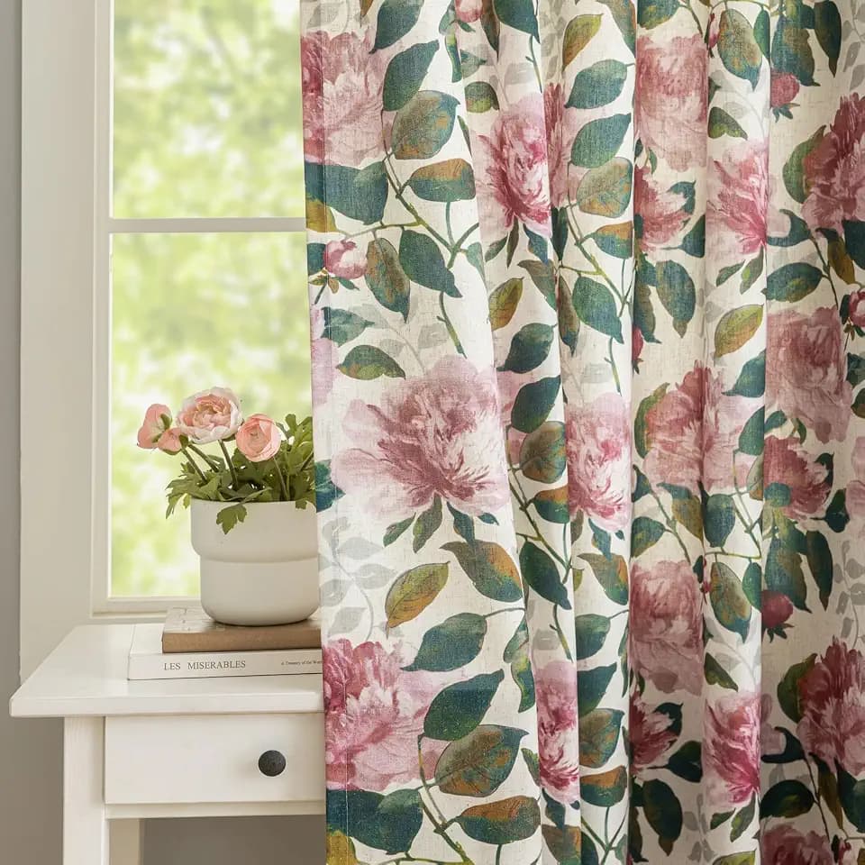 Linen Blend Glass Sliding Door Curtain 100x84 inches Vintage Floral Patio Door Curtains Extra Wide Privacy Curtains for Room Divider Grommet Farmhouse Country Chic Drapes 1 Panel W100 x L84 Pink