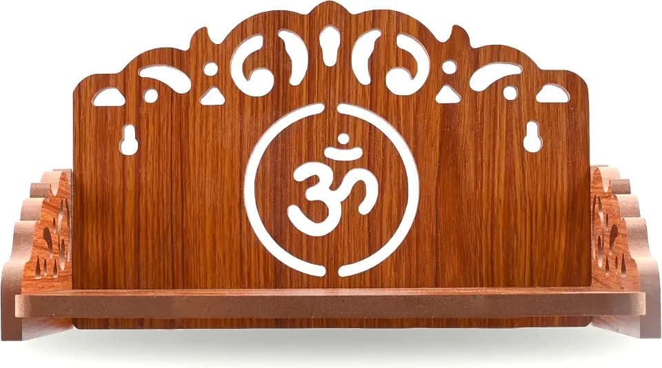 Wooden Wall Mounted Hanging Table top Temple Pooja Mandir Stand Shelf for Storage and Idols Decoration for Home Office and Gifting (Brown- Om Design1)
