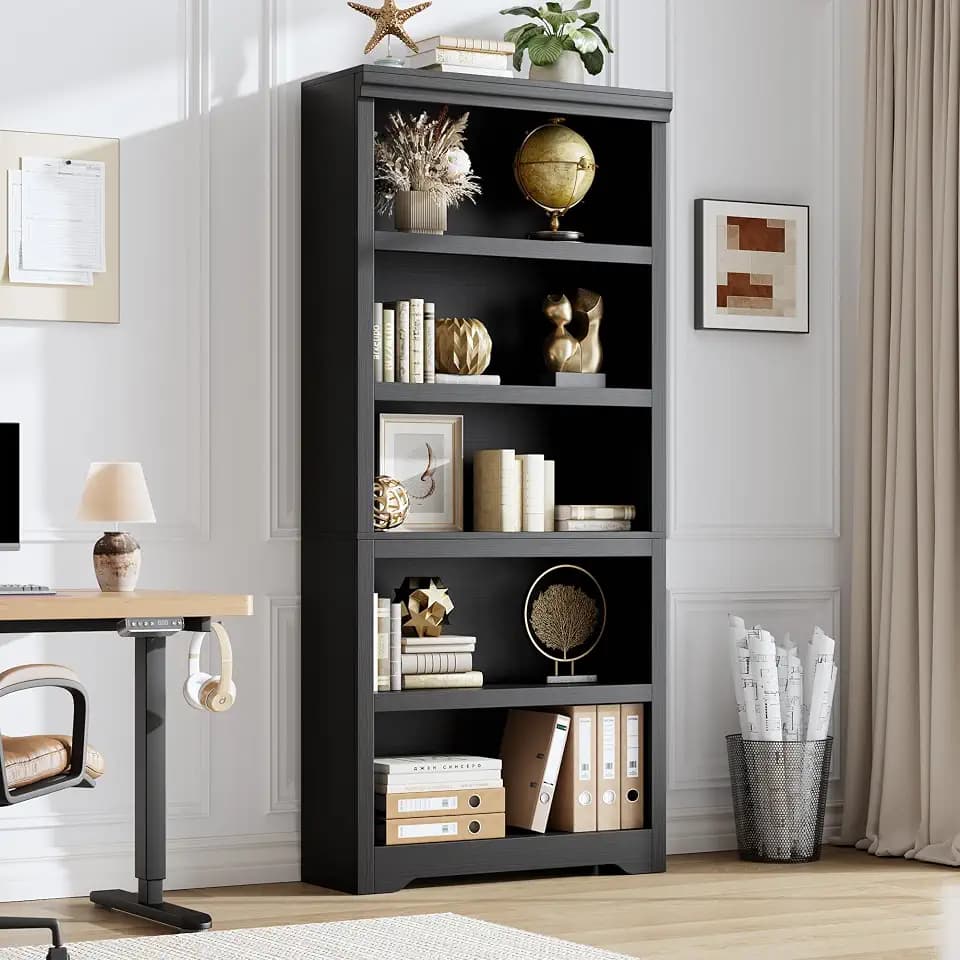 5-Tier Farmhouse Bookshelf, 69" Open Bookcase, Adjustable Shelf, Black