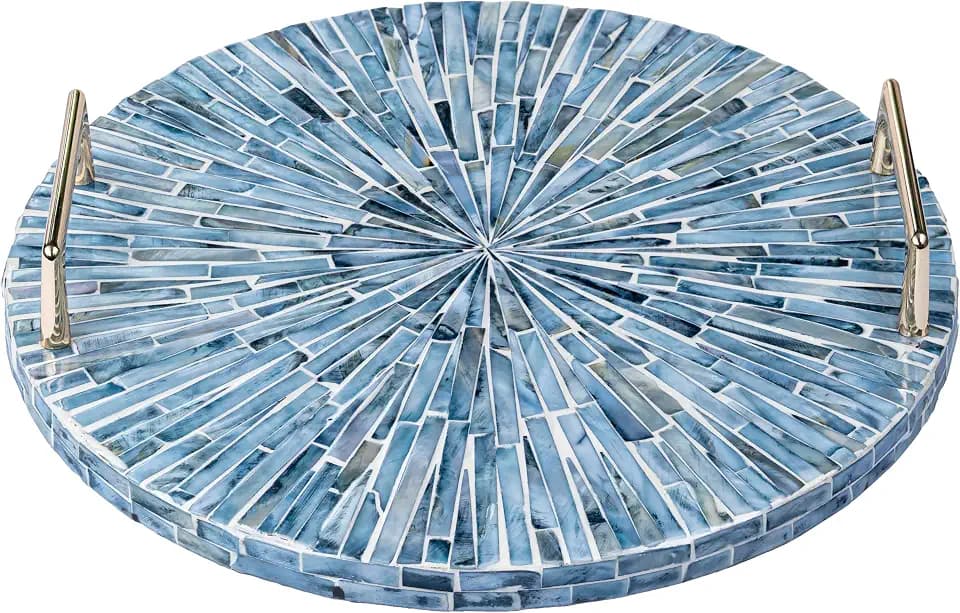 PEMAR Mother of Pearl Decorative Tray, 13" Round Versatile Display and Serving Tray with Gold Handles, Vanity/Perfume/Trinket Catchall for Dresser, Bathroom, Vanity Table (Blue Starburst)