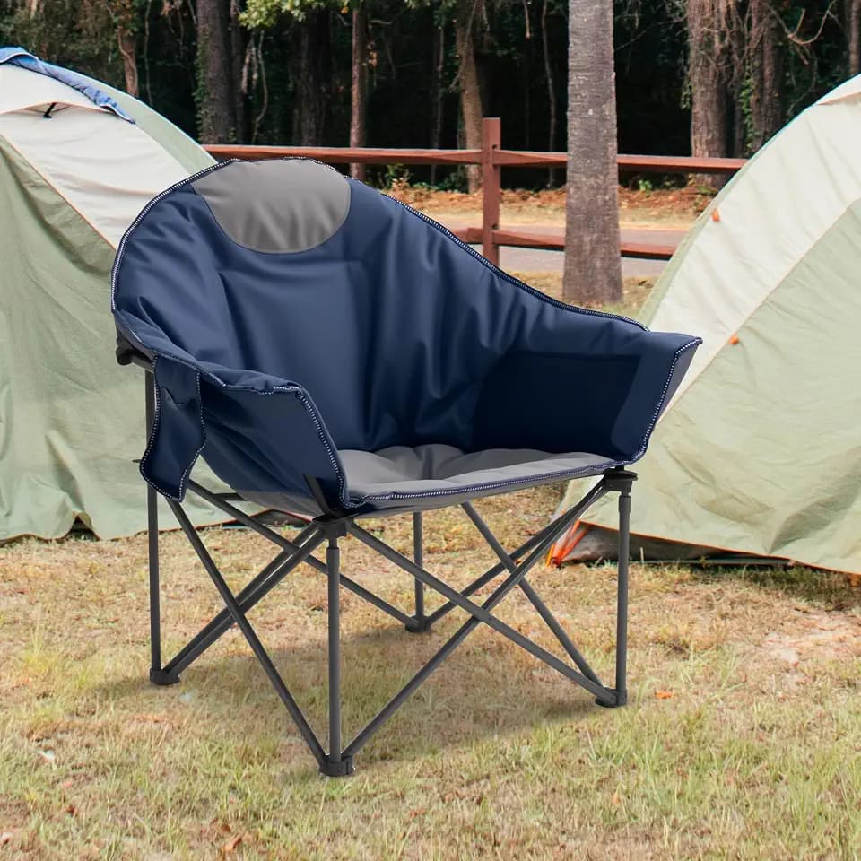 SUWT 500LBS Oversized Moon Saucer Chair, Padded Folding Sofa Chair with Cup Holder & Carry Bag, Heavy Duty Relaxing Chair for Backyard, Patio, Garden & Camping, Blue & Gray