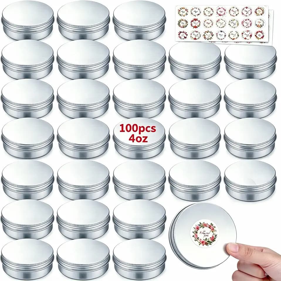 100 Pack 4 oz Aluminum Tins with Lids, Small Round Metal Salve Tin Box Cans Containers Bulk with Screw Lid and Labels for DIY Cosmetic Lip Balm Lotion Bars Candles