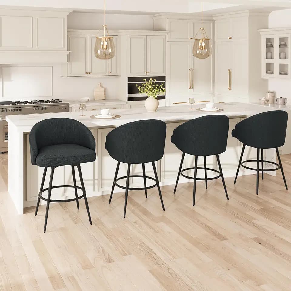 360° Swivel Bar Stools Set of 4, 25.4″ Black Upholstered Barstool with Back