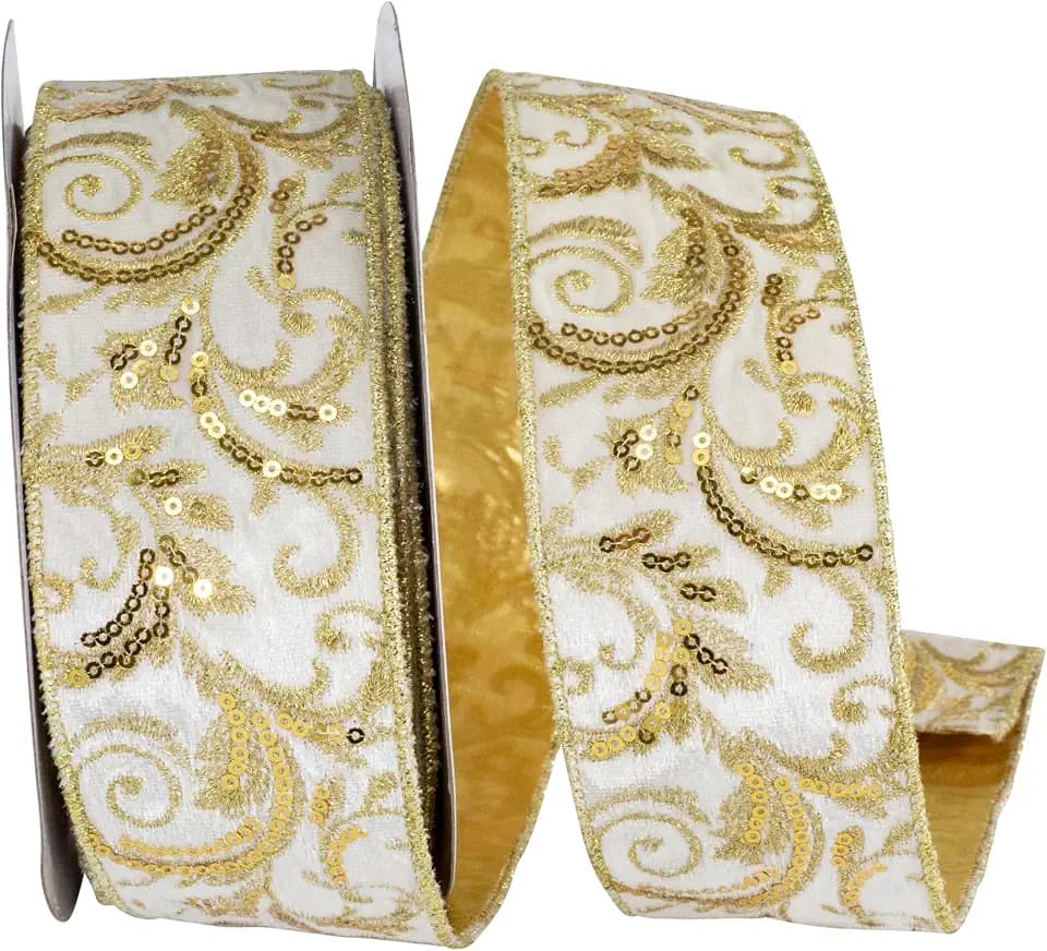 Ribbon - Filigree Sequin Embroidery Plush Velvet Wired Edge, Ivory/Gold, 2-3/8 Inch, 10 Yards