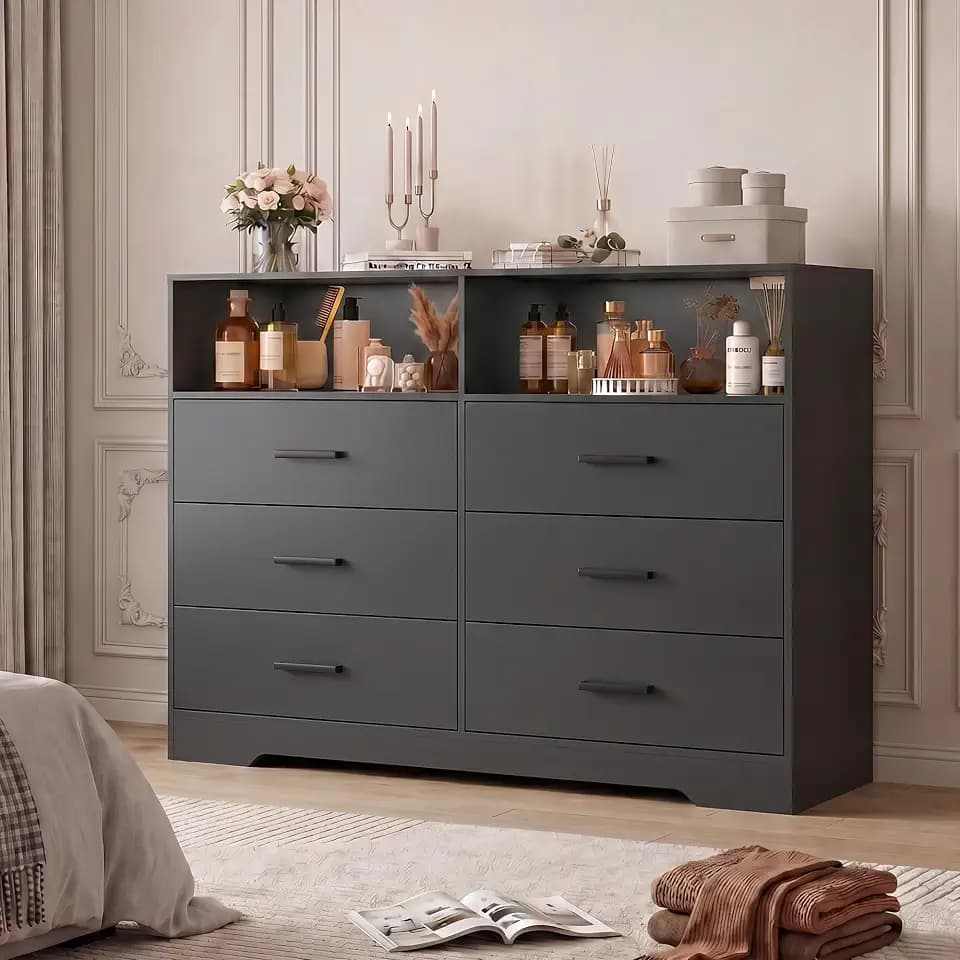Garvee 6 Drawer Wood Dresser for Bedroom with Charging Station & Open Shelf