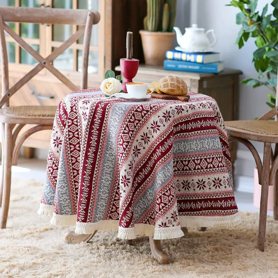 SUTAVIA Red Boho Tablecloth Cotton Linen Fabric with Tassel Table Covers Wrinkle Free Bohemian Washable Tablecloths for Home Decor Holiday Party Dining Table(Vintage Red, 60" Round)