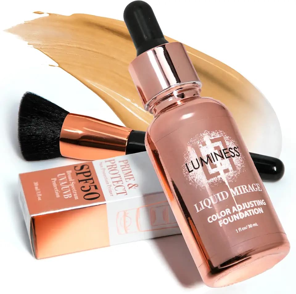 LUMINESS Liquid Mirage w/SPF 50 Color Adjusting Foundation Kit - Color Changing Foundation, SPF 50 Primer & Makeup Brush, Face Makeup for Mature Skin, 4in1 Liquid Foundation, Concealer & Moisturizer