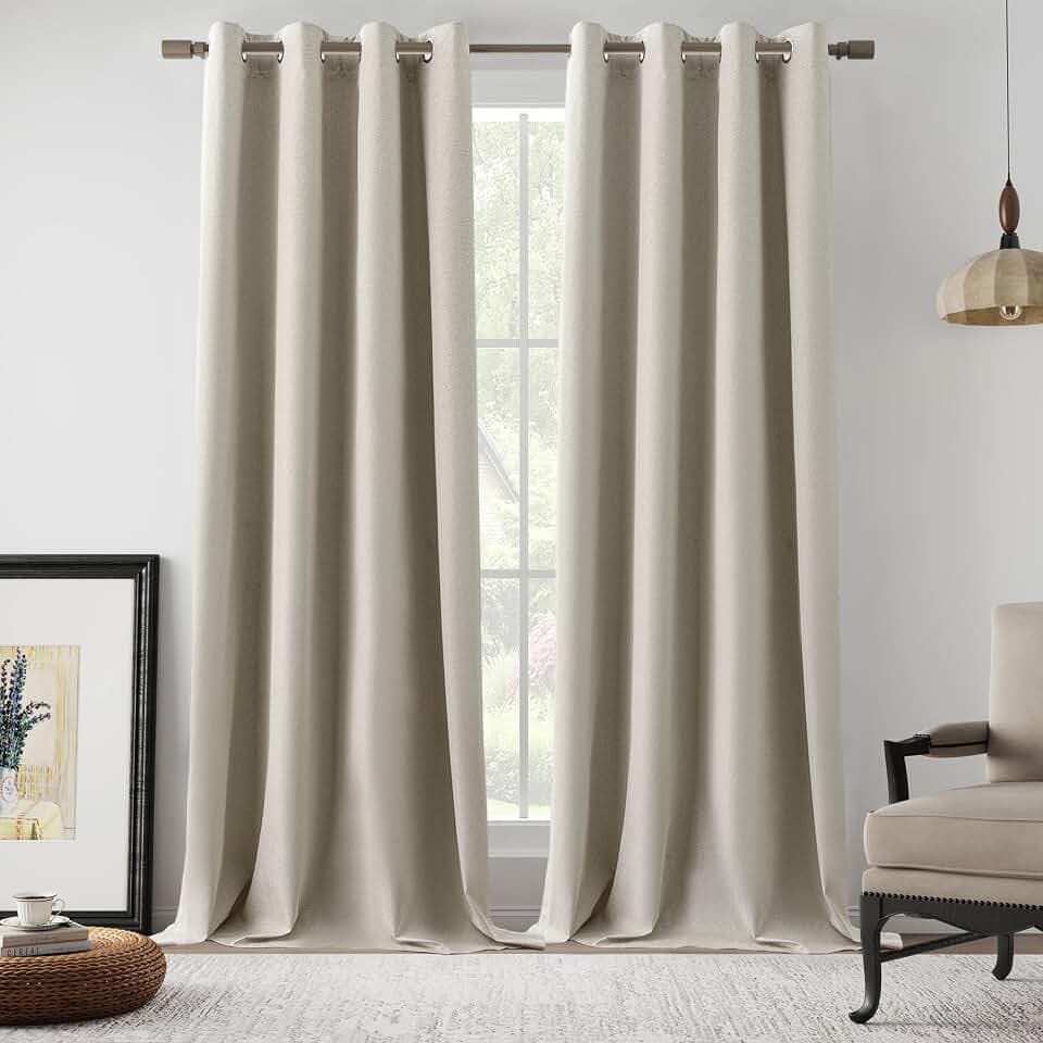 Full Blackout Flax Linen Curtains 144 Inch Length 12 FT 2 Panels