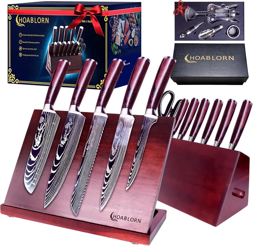 Luxruy Damscus Knife Block Set 15PCS Great Looks and Design with Magnetic Knife Holder and Individual Knife Block for 5 Steak Knives German Steel Extremely Sharp.The Best Gift for Your Chefs