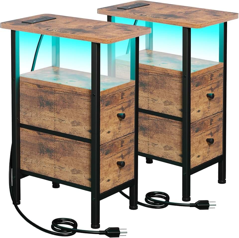 LOAKEKEL Narrow Nightstand with Charging Station, End Tables Living Room