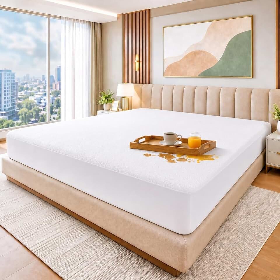 SGI bedding Waterproof Alaskan King 108" x 108" Extra Large Bed Mattress Pad Cover, 15" Deep Pocket, Soft Noiseless & Breathable Fitted Sheet Style Mattress Protector – White