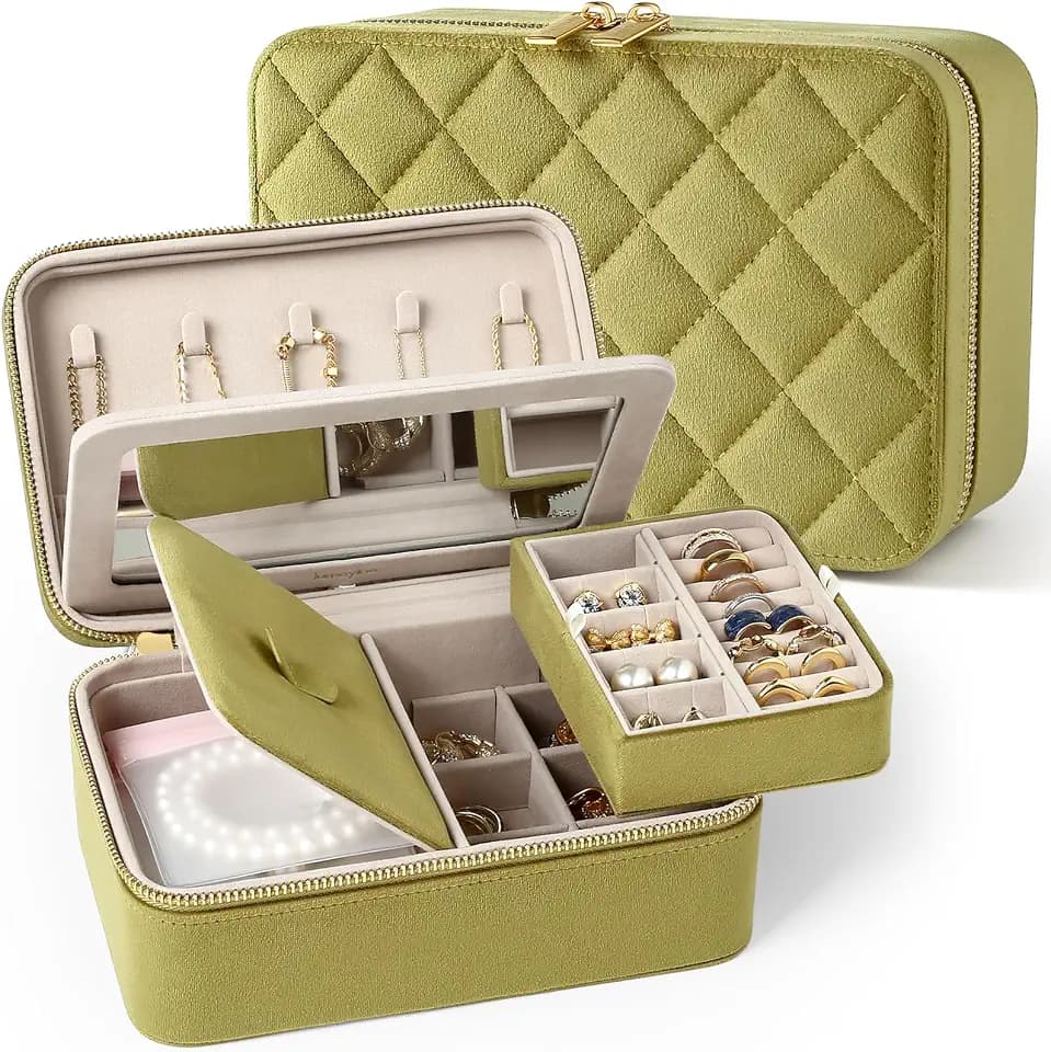 Velvet Travel Jewelry Organizer Case with Large Mirror for Women