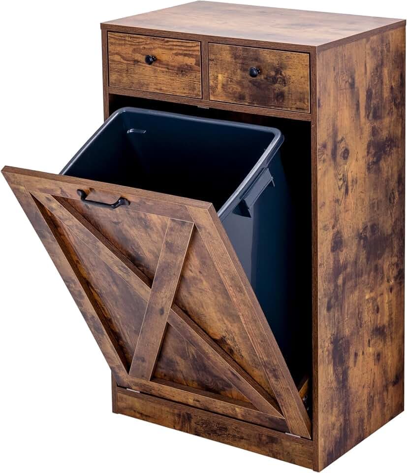 Zvyteay 13 Gallons Tilt Out Trash Can Cabinet, Wooden Trash Cabinet with 2 Drawers, Free Standing Kichen Waste Bin Recycling Cabinet Pet Proof Hidden Trash Cabinet for Kitchen (Brown)