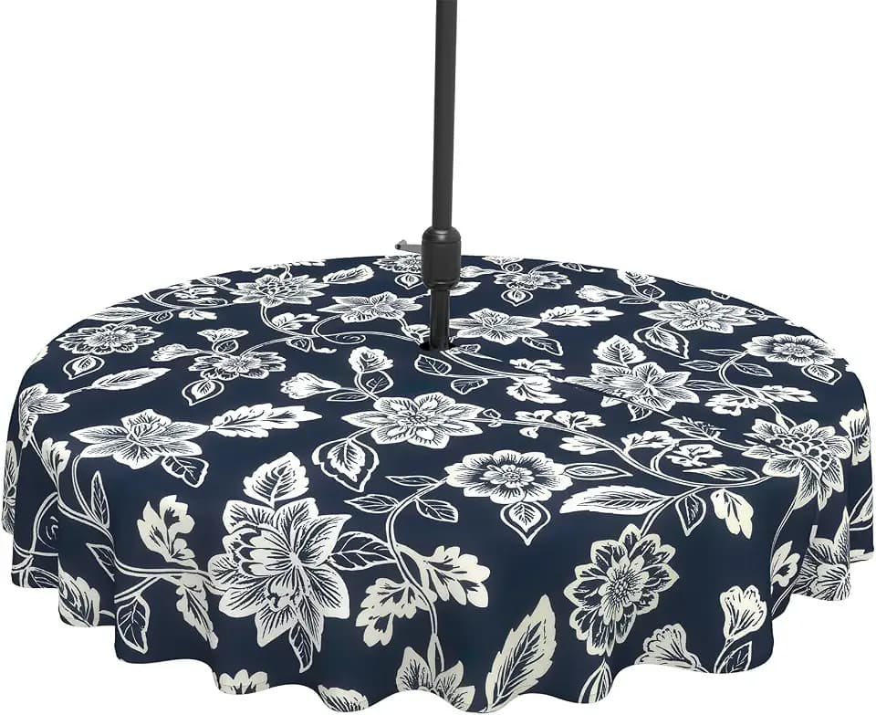 Outdoor Tablecloth with Umbrella Hole and Zipper,Outdoor Round Table Covers for Backyard Garden,Water Repellent and Fade Resistant Table Cloth,60Inch,Elegant Vines Navy