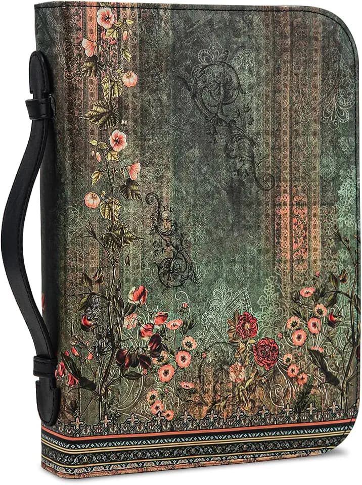Bible Cover Case for Women PU Leather Woman Book Carrying Bag Bible, Protective Bible Organizer Holder Bag with Handle and Zippered Pocket, Christian Gift for Lady Girls (Boho Floral, XL)