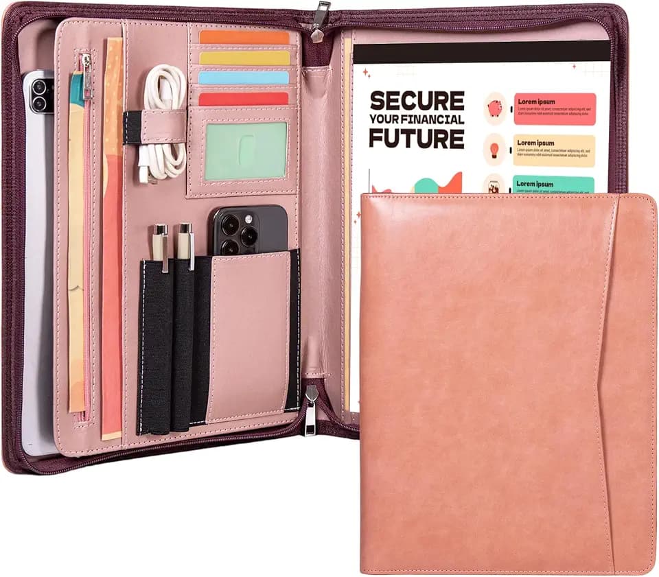 Calfinder Leather Portfolio for Women,Business Portfolio Organizer with Zipper,Pink Portfolio Binder, Interview Resume Folder with Card Holder, A4 Letter Document Organizer,Gift for Women