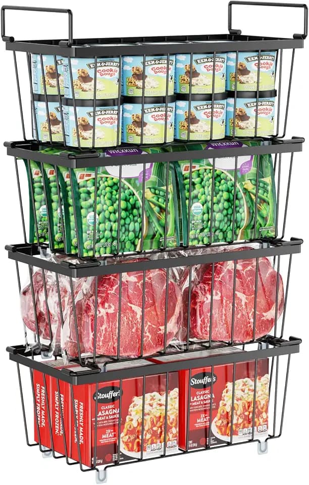 iSPECLE Freezer Organizer Bins, 4 Pack Deep Freezer Baskets for 5 to 7 Cu.Ft, Stackable Wire Chest Freezer Organizer Bins for Small Food, Strong Metal with Handles for Meat and Veggies, Black