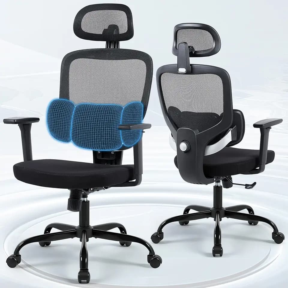 Ergonomic Office Desk Chair, High Back Breathable Mesh Computer Chair, 3D Lumbar Support, 2D Headrest & 3D Armrests, 300lbs Heavy Duty Task Chair for Home Office Work Gaming, Black
