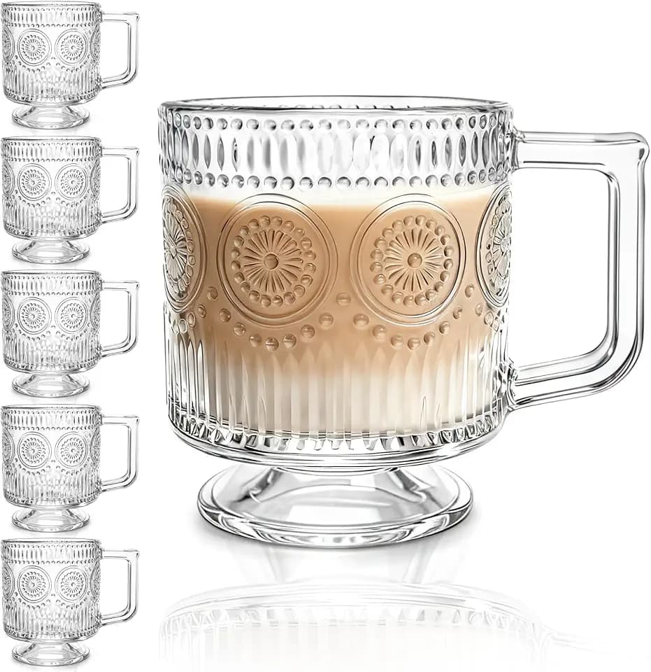 Pumtus 6 Pack Glass Coffee Mugs, 8 OZ Footed Irish Tea Cup with Handle, Embossed Floral Latte Cappuccino Mug, Clear Romantic Glassware for Chocolate, Espresso, Smoothie, Cocktail, Cold Drinks