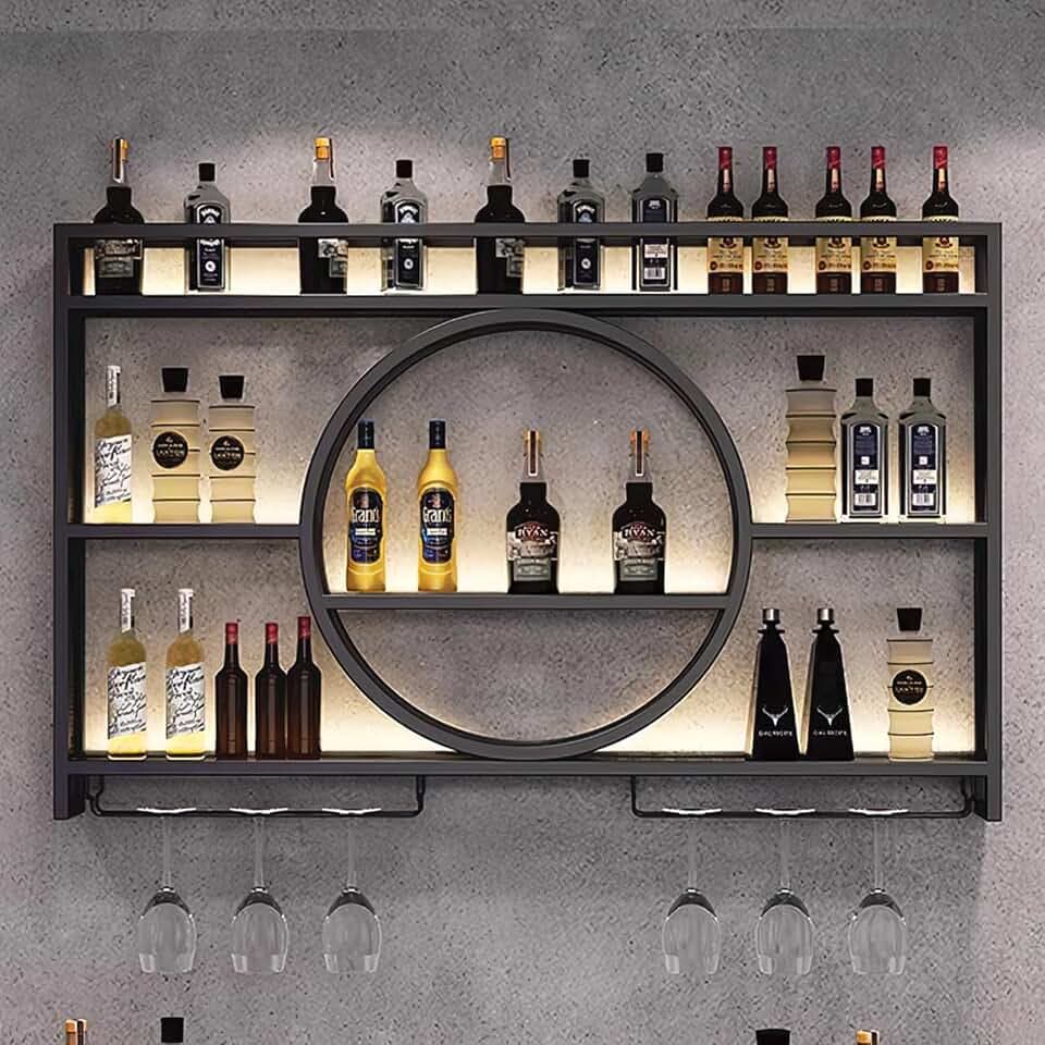 Metal Wine Rack Wall Mounted with LED Light, Modern 3-Tier Glass Holder and Stemware Shelves for Kitchen, Bar, Dining Room (Black, 140cm/55.1in)