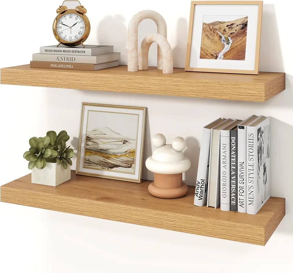 30" Natural Oak Color Floating Shelves Wood Wall Shelf, Set of 2