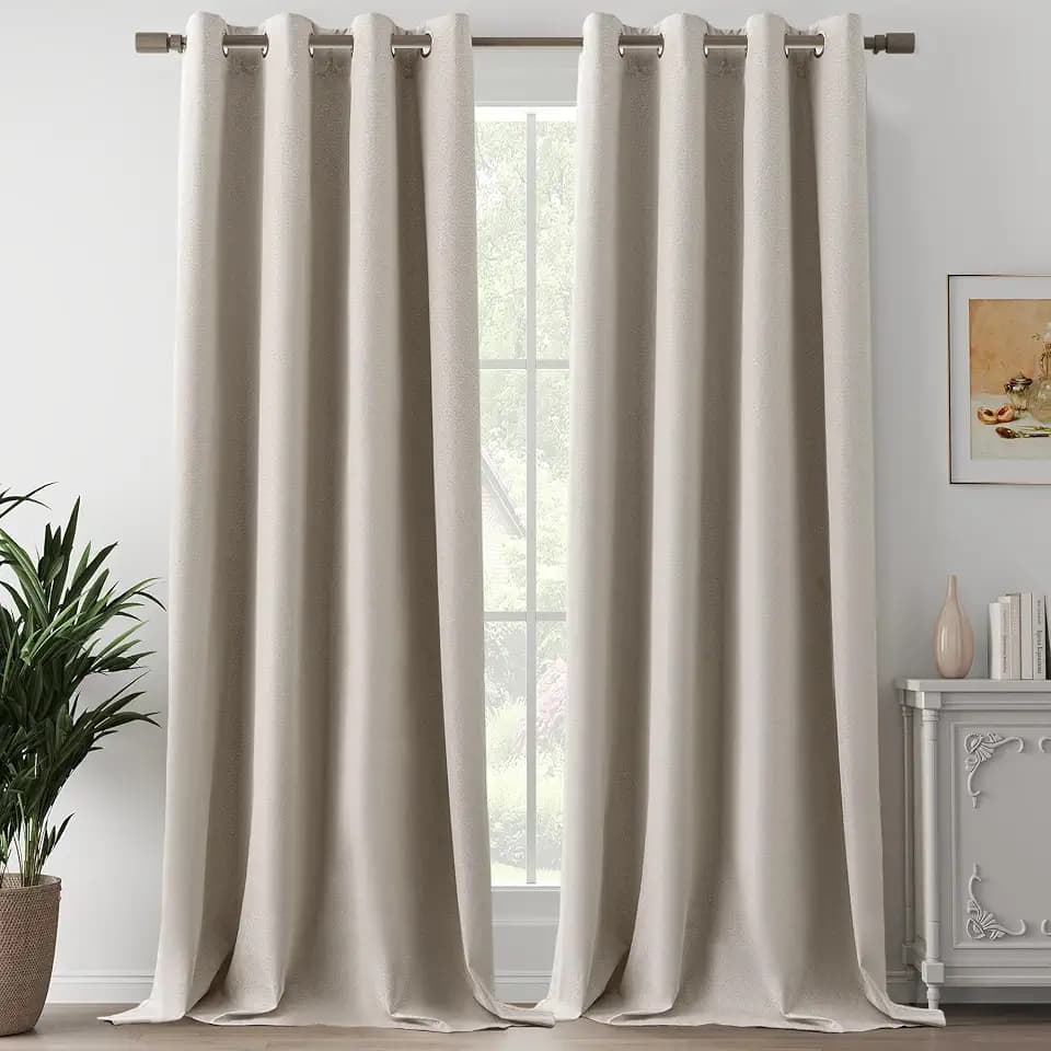 Sand Beige Full Blackout Linen Curtains 108 Inch Length 2 Panels