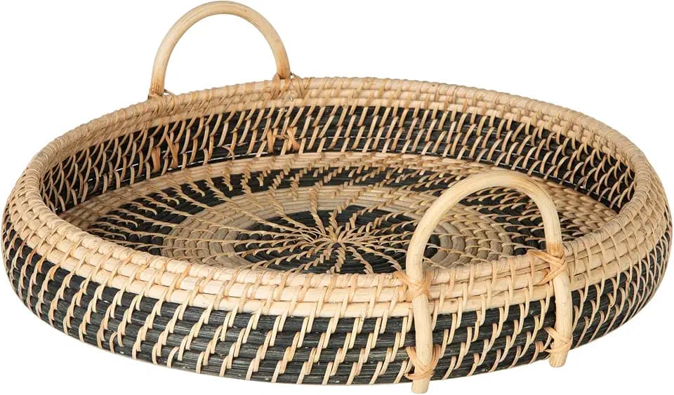 Round Rattan Serving and Breakfast Tray, Natural-Black