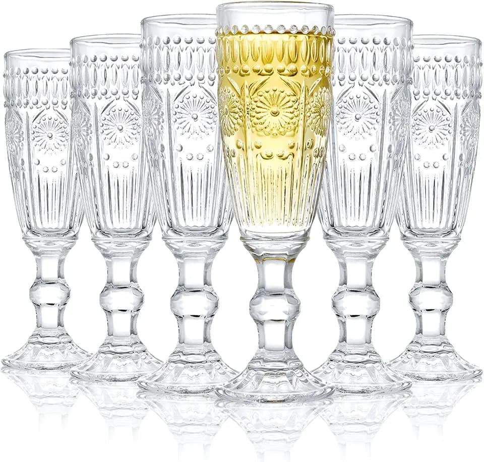 Kingrol 6 Pack 5 Ounces Glass Champagne Flutes, Vintage Sparkling Wine Glasses for Champagne, Cava, Prosecco
