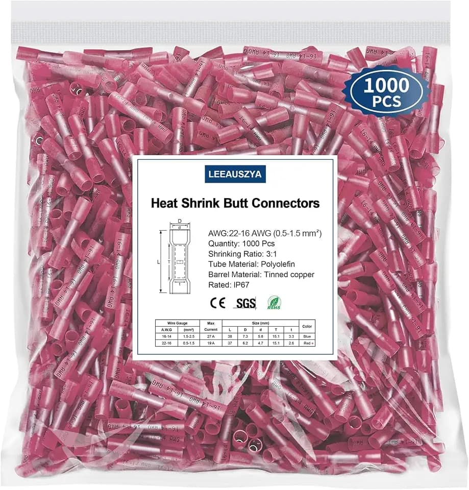 1000 Pcs Heat Shrink Butt Connectors, 22-16 AWG Waterproof Electrical Insulated Crimp Wire Splice for Boats, Automotive, Marine, Home, Garage, Industrial Wiring